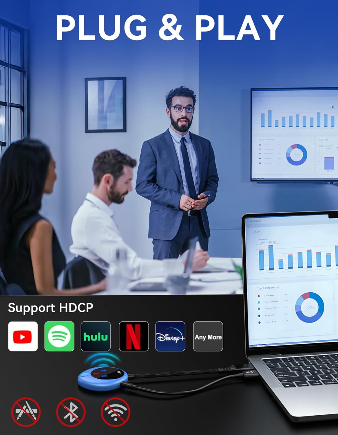 Wireless HDMI Transmitter and Receiver, 4K Decode 1080P Output, 2.4G/5G Plug & Play, for Streaming Video/Audio/Files, Audio Sync, USB-C to HDMI Adapter, No Need App/Bluetooth/WiFi